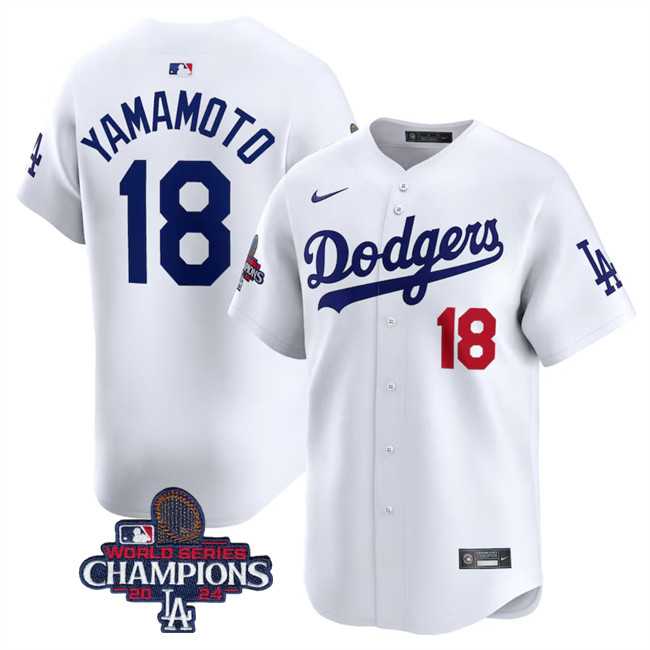 Mens Los Angeles Dodgers #18 Yoshinobu Yamamoto White 2024 World Series Champions Home Limited Stitched Baseball Jersey